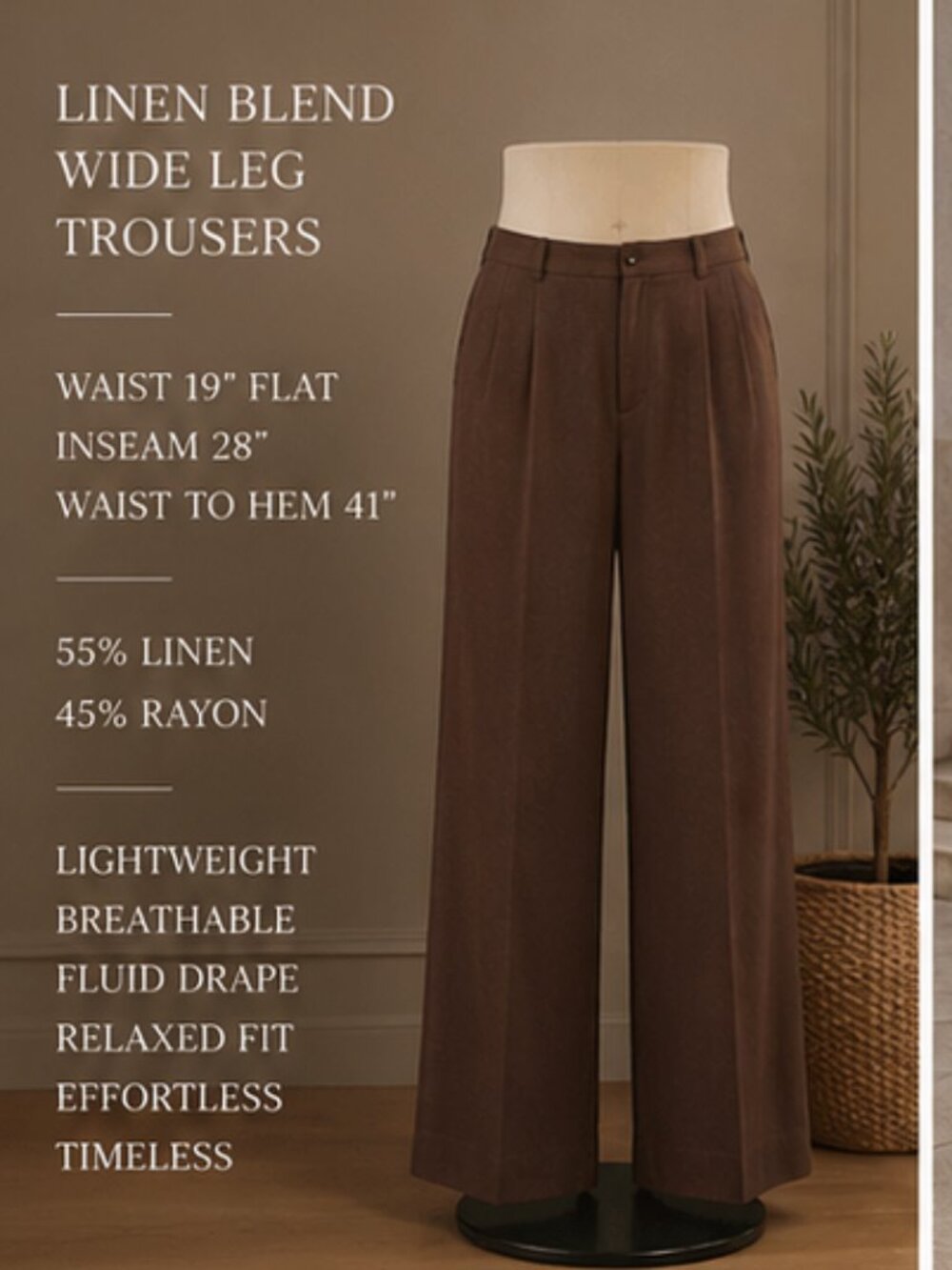 Le Suit Linen Blend Wide Leg Trousers Brown Minimalist Relaxed Tailoring Size 18